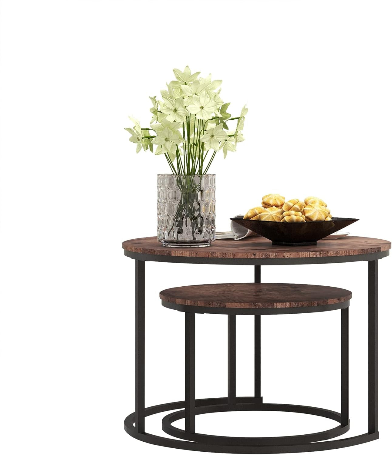 Round Nesting Coffee Table Set of 2 End Tables with Sturdy Metal Frame, Easy Assembly (Rustic Brown)