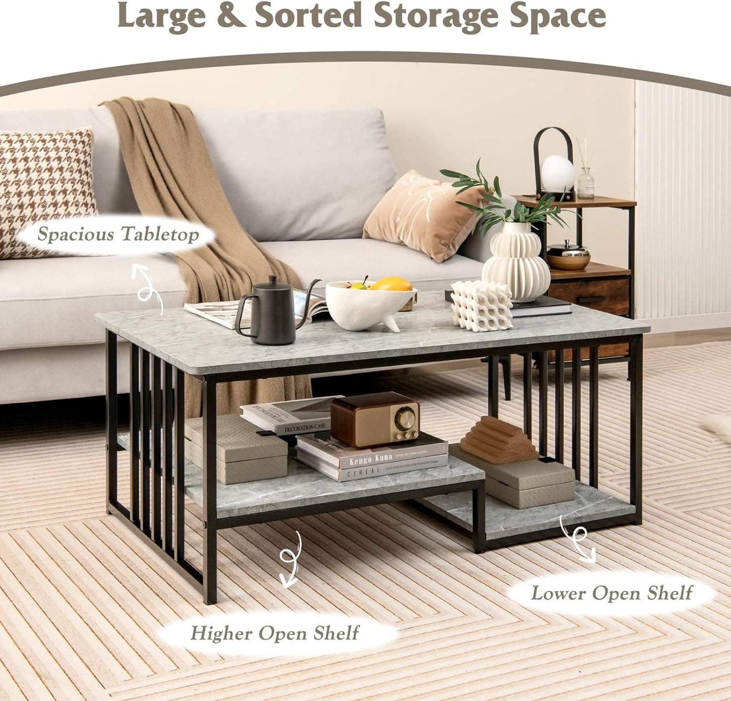 Faux Marble Coffee Table, Rectangular 2-Tier Center Table with Open Storage Shelf, Modern Long Cocktail Table Snack Table with Metal Frame for Living Room, Home, Office, Gray