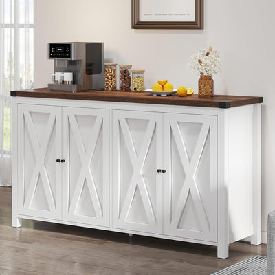 Farmhouse Sideboard Buffet Cabinet with Storage with 4 Doors, 55'' Large Kitchen Storage Cabinet, Coffee Bar Cabinet with Adjustable Shelf for Kitchen, Living Room, White