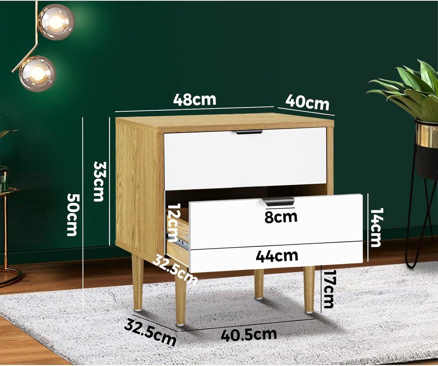 Bedside Tables 2 Drawers Side Tables Organiser Tall Nightstand Bedroom Furniture Storage Cabinet Wooden,White and Wood