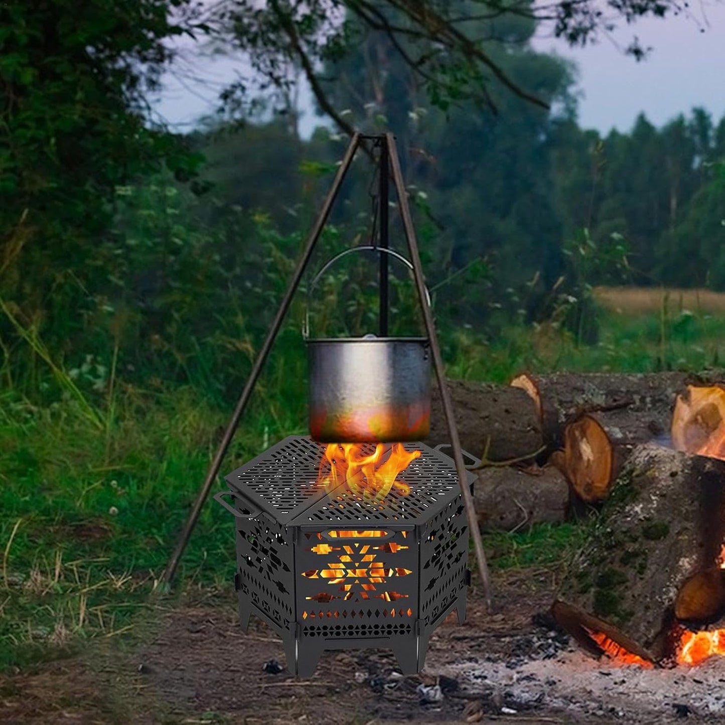 60cm Fire Pit for Camping | Foldable Fire Pit,Detachable Carbon Steel Fire Pit for Patio Heating