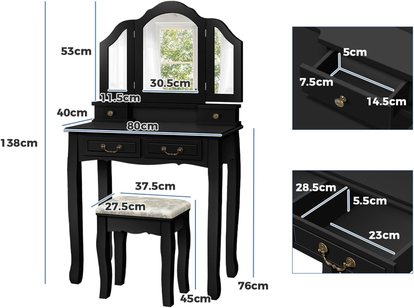 Dressing Table and Stool Chair Set Black Color, Makeup Vanity Desk with Foldable Tri-Fold Mirror, Dresser Organiser for Women Bedroom Dress Room