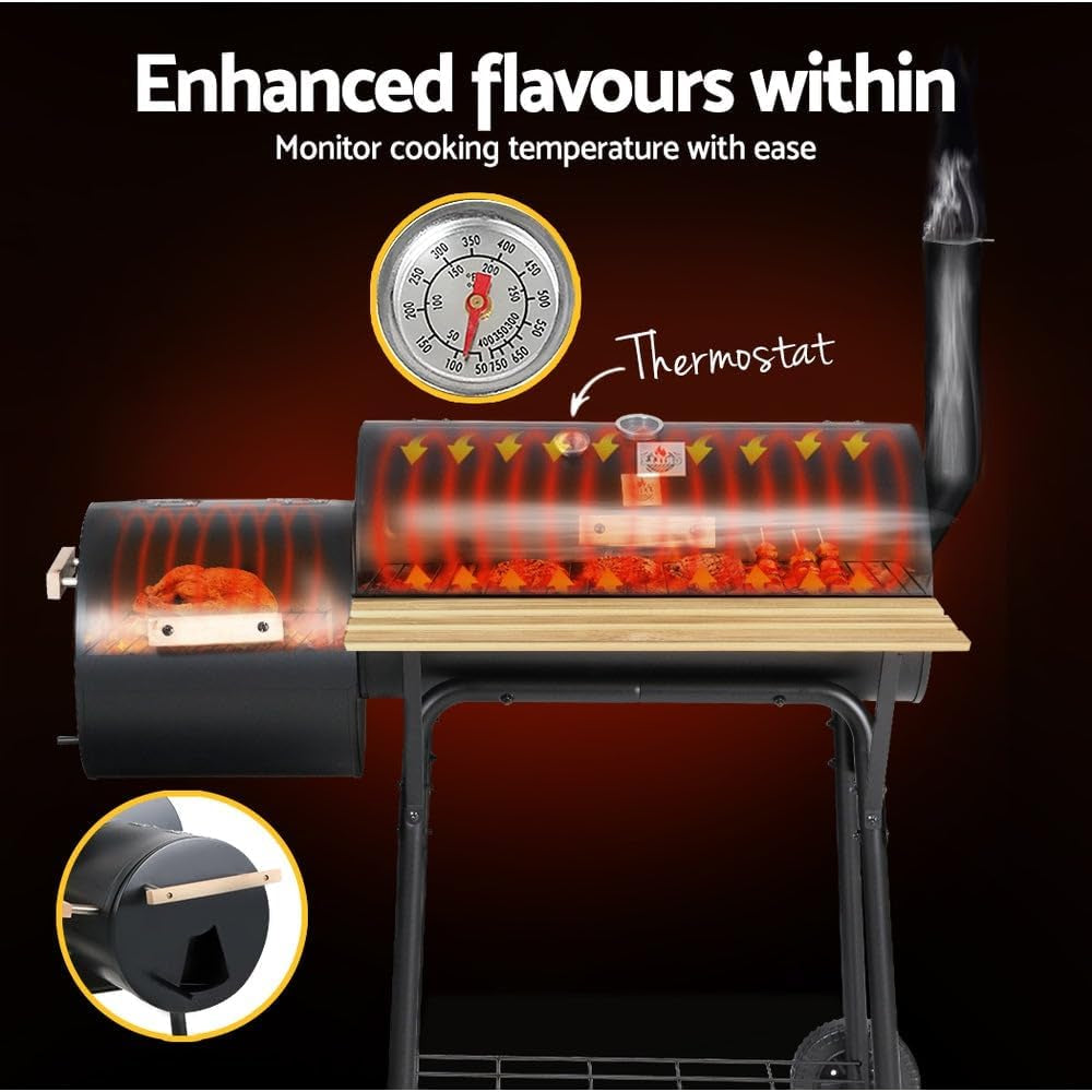Charcoal BBQ Grill, Smoker Cooking Tool, with Wheels Stainless Steel Rack Black