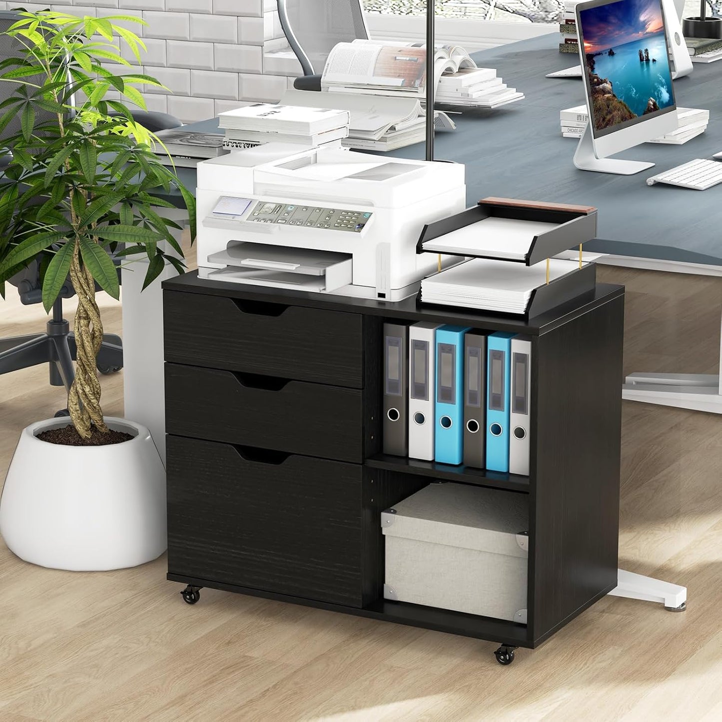 Giantex 3-Drawer File Cabinet, Mobile Printer Stand Cabinet with Adjustable Shelf, Rolling Lateral Filing Cabinet with Wheels for Letter, A4, Legal Size, for Home Office Organization (Black)