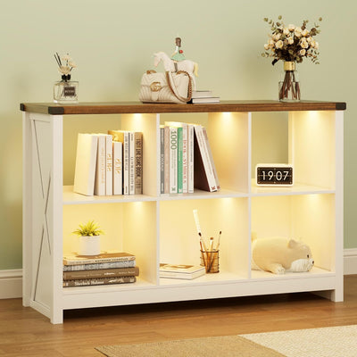 Bookcase Bookshelves - Farmhouse White Bookcase with Led Lights, 6 Cube Kids Book Cases with Open Shelf, Wood Bookshelf for TV Stand, Bedroom, Living Room