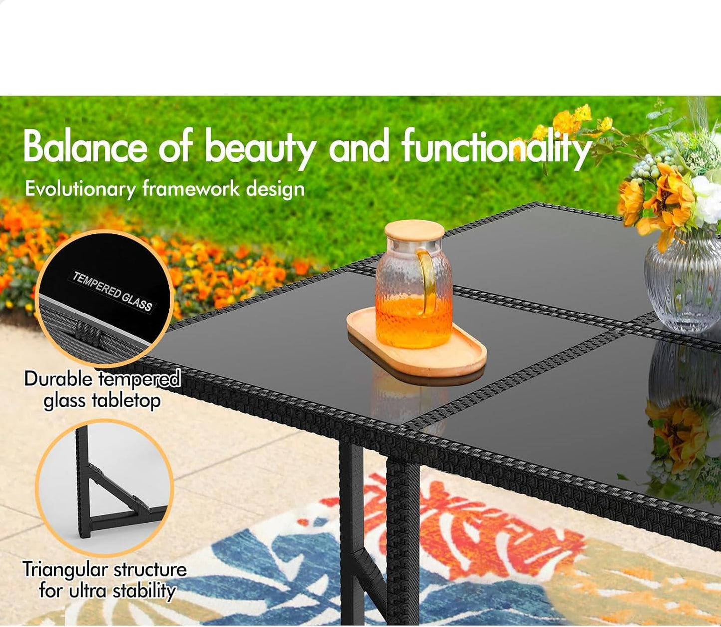 5Pcs Outdoor Dining Set Patio Furniture Garden Armchair, PE Wicker Rattan Lounge Chair and Glass Top Table with Steel Frame & Cushions, Uv-Resistant Conversation Sofa Set with Storage Cover