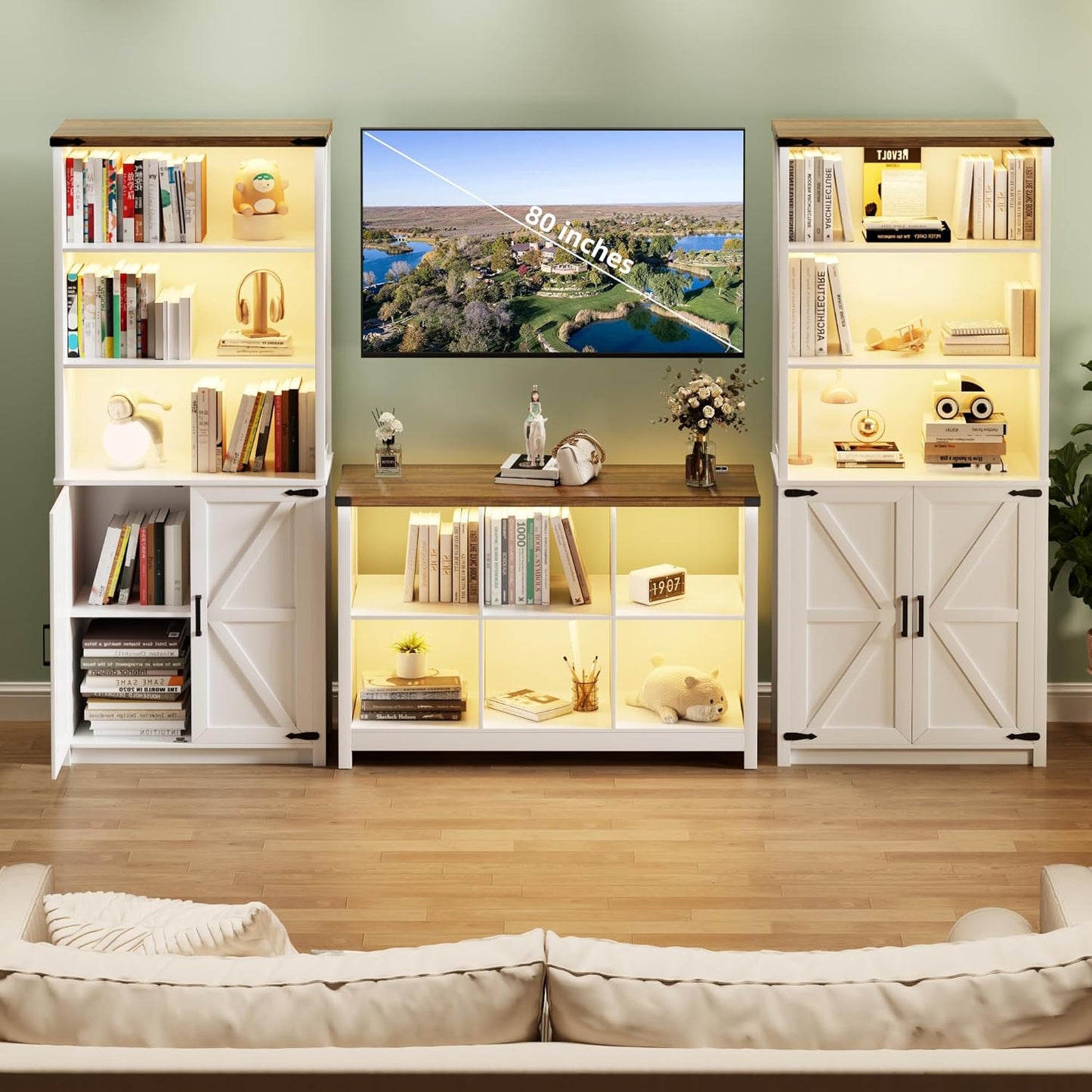 Bookcase Bookshelves - Farmhouse White Bookcase with Led Lights, 6 Cube Kids Book Cases with Open Shelf, Wood Bookshelf for TV Stand, Bedroom, Living Room