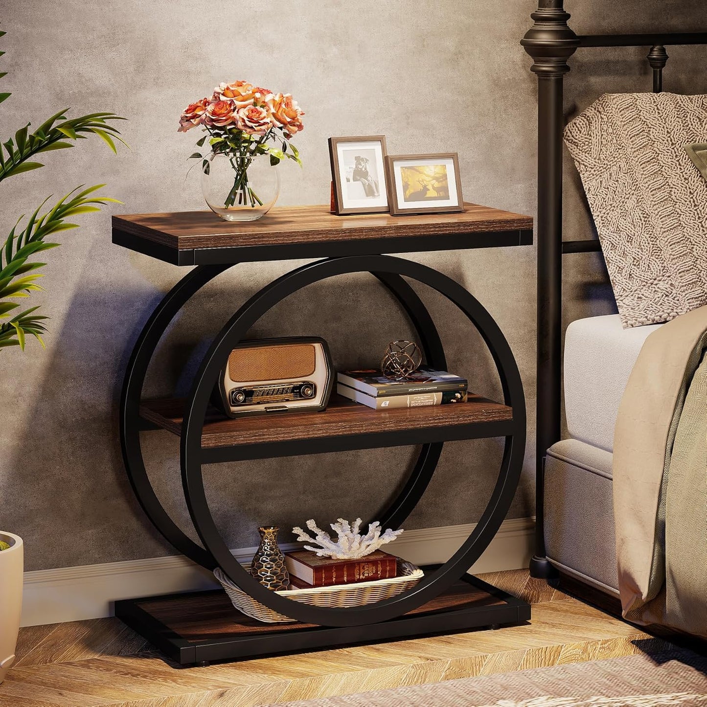 End Table, Narrow End Table with 3 Storage Shelves,