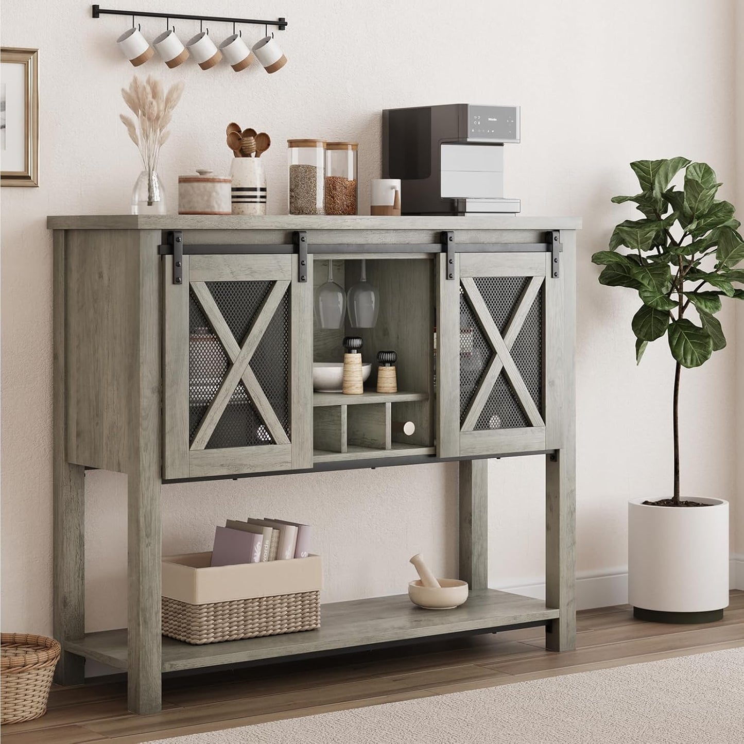 Coffee Bar Cabinet, Sideboard Buffet Storage Cabinet with Storage, Farmhouse Wine Bar Cabinet with Wine Glass Rack, Liquor Cabinet Bar for Home, Kitchen, Dining, Living Room, Grey