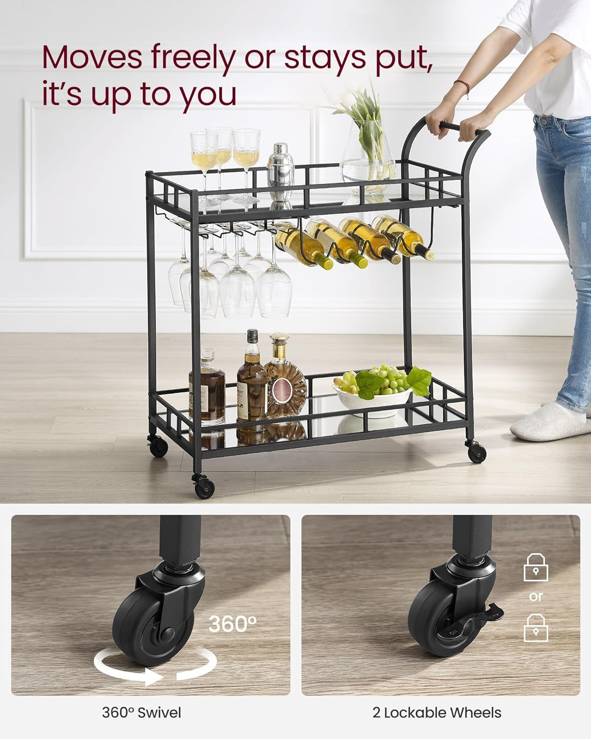 Bar Cart Black, Home Bar Serving Cart, Wine Cart with 2 Mirrored Shelves, Wine Holders, Glass Holders, for Kitchen, Dining Room, Black ULRC090B62