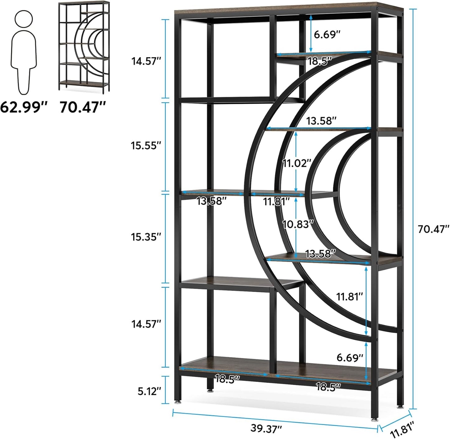 Geometric Bookcase, 71 Inches, Industrial 8-Tiers Bookshelves, Rustic Etagere Bookcase with Metal Frame, Tall Freestanding Open Storage Shelving Units for Home Office, Living Room