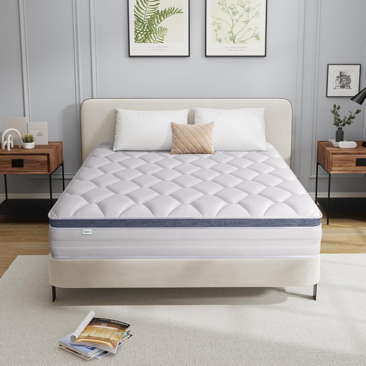 30Cm Thickness Double Mattress,Twolike Firm Foam Topper Innerspring Spring System, with 5-Zone Pocket Spring System and Breathable, Mattress in a Box