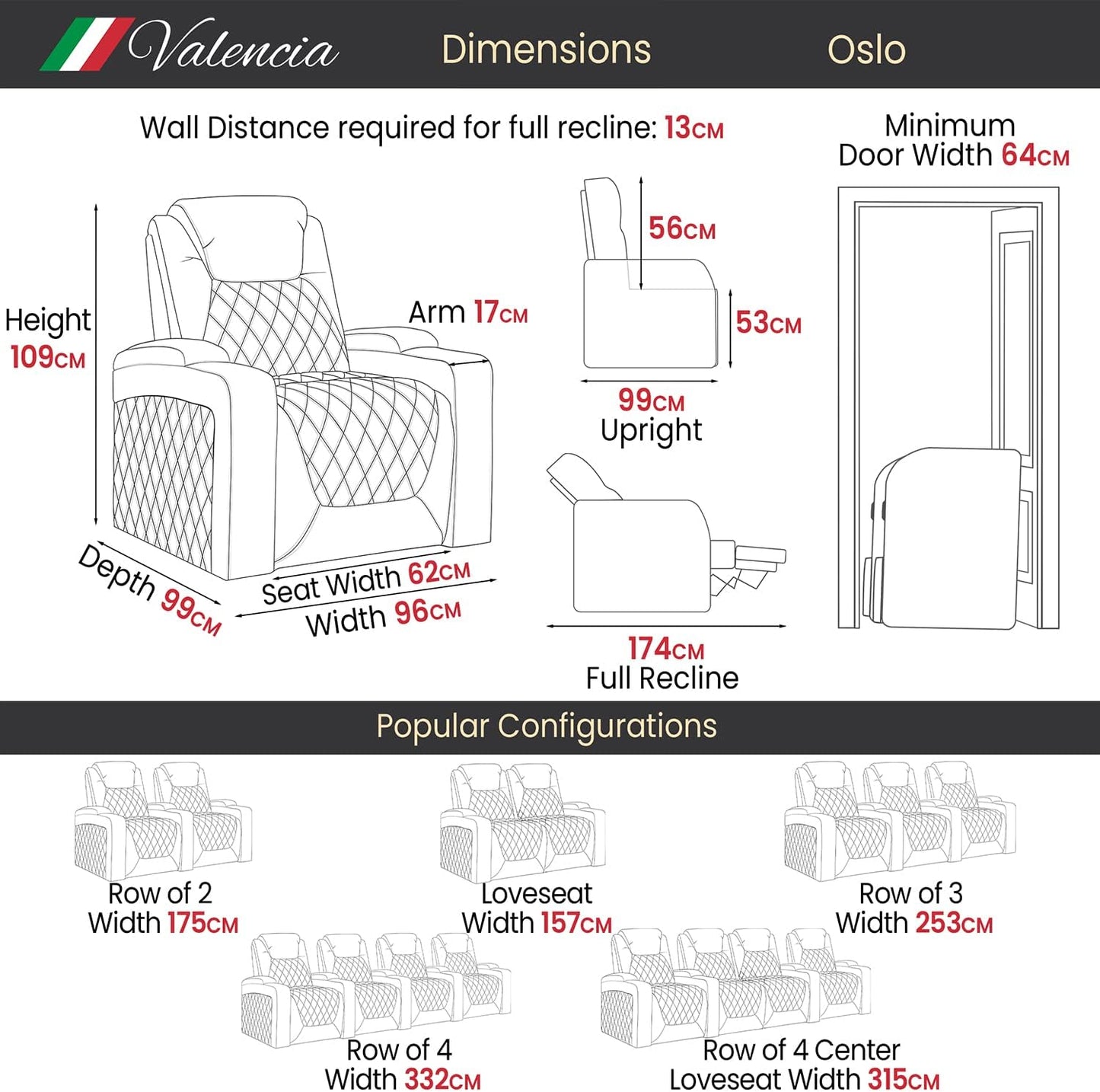 Valencia Oslo Home Theater Seating | Premium Top Grain Italian 11000 Nappa Leather, Power Recliner, Power Lumbar Support, Power Headrest, LED Lighting (Single Seat, Black)