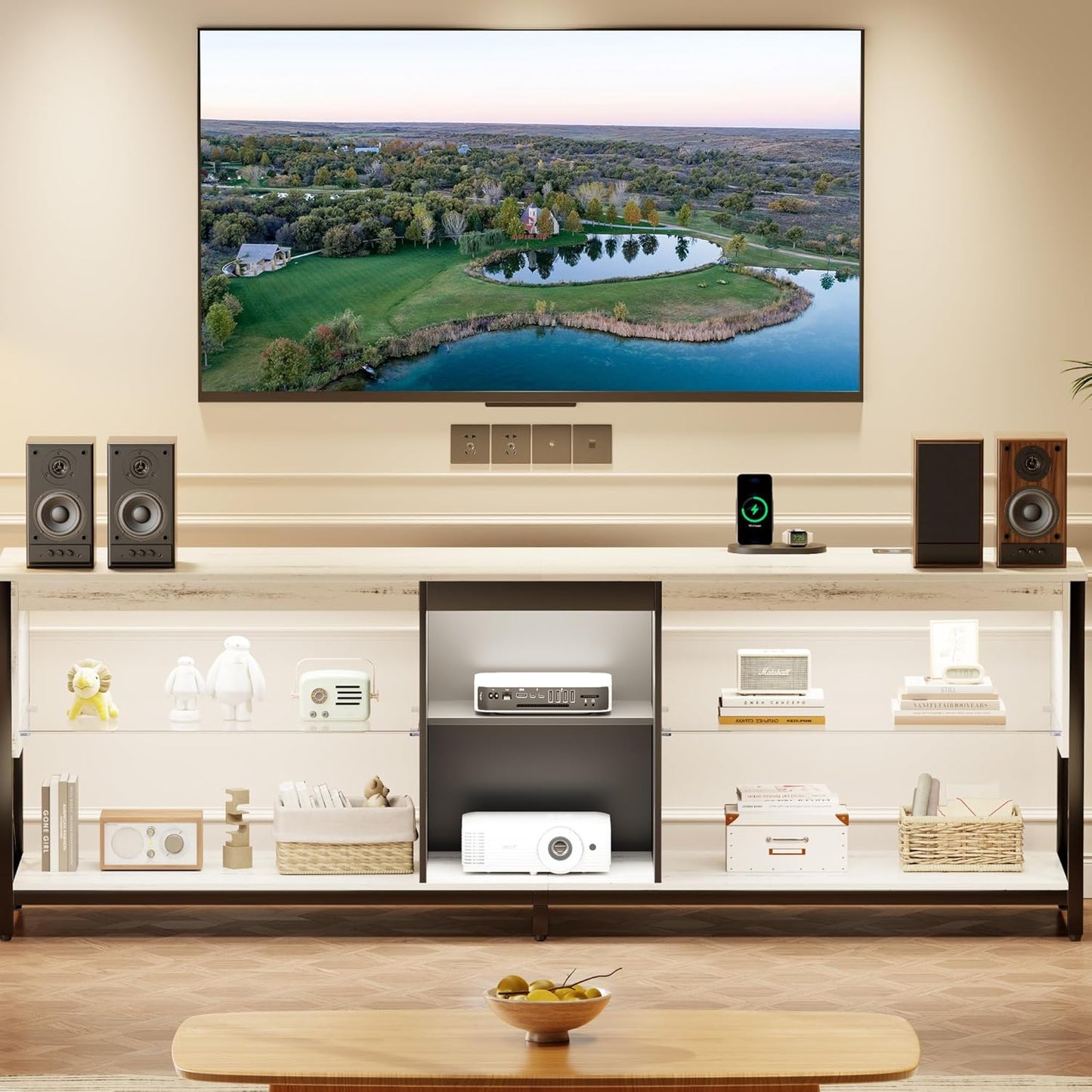 Dystler LED TV Stand for 55/60/65/75 Inch Tv,Smart Gaming Entertainment Center with Wireless Charging Station,Modern TV Cabinet with Adjustable Glass Shelves for Living Room, Bedroom 58 Inch,White