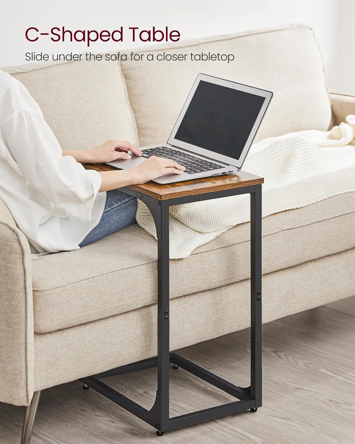 Set of 2 C-Shaped Side Table, Bedside Table, Sofa Side Table, Coffee Table, with Metal Frame, Industrial, for Living Room, Bedroom, Rustic Brown and Black LET354B01