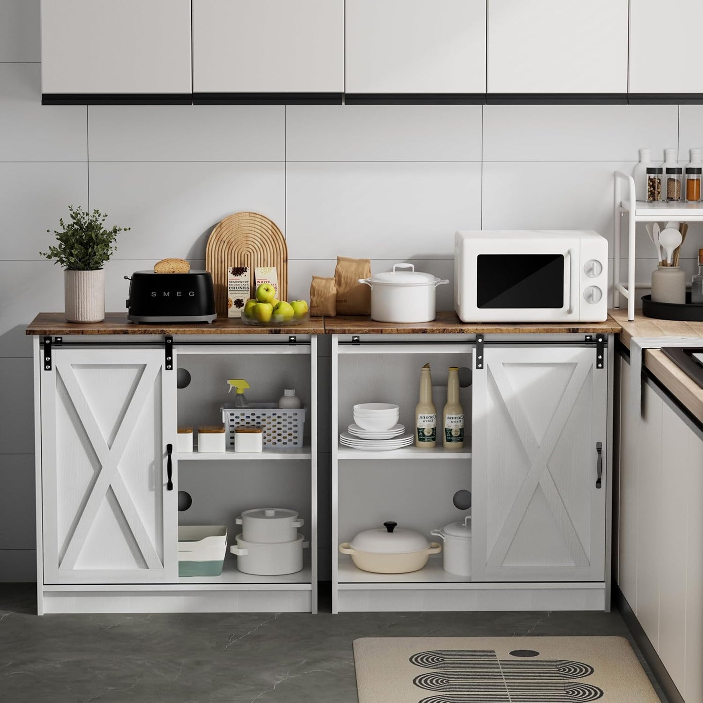White Coffee Bar Cabinet Station, Small Kitchen Coffee Bar Cabinet with Storage, Farmhouse Sideboard Buffet Cabinet for Home, Kitchen, Living Room and Dining Room (Rustic Brown Top)