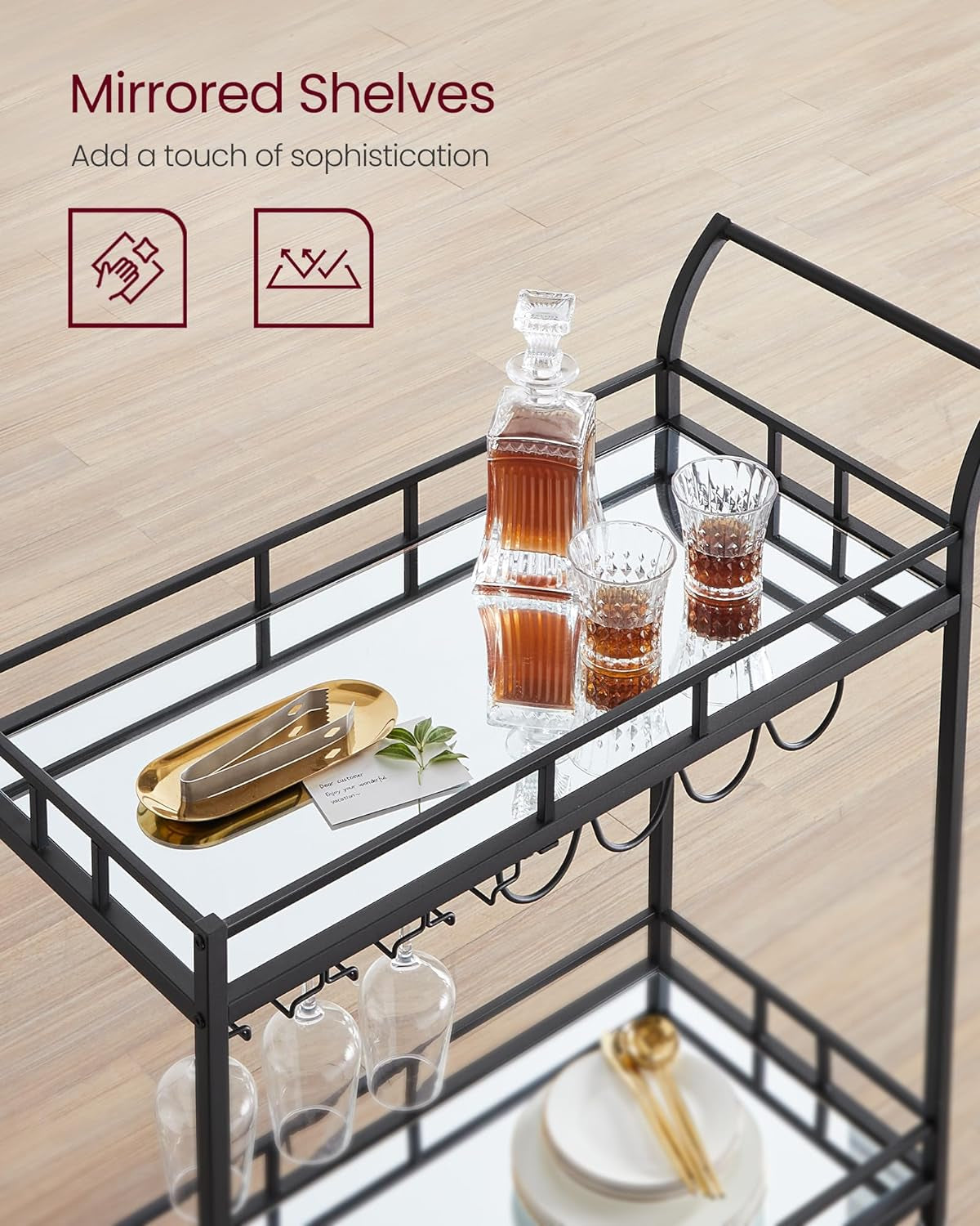 Bar Cart Black, Home Bar Serving Cart, Wine Cart with 2 Mirrored Shelves, Wine Holders, Glass Holders, for Kitchen, Dining Room, Black ULRC090B62
