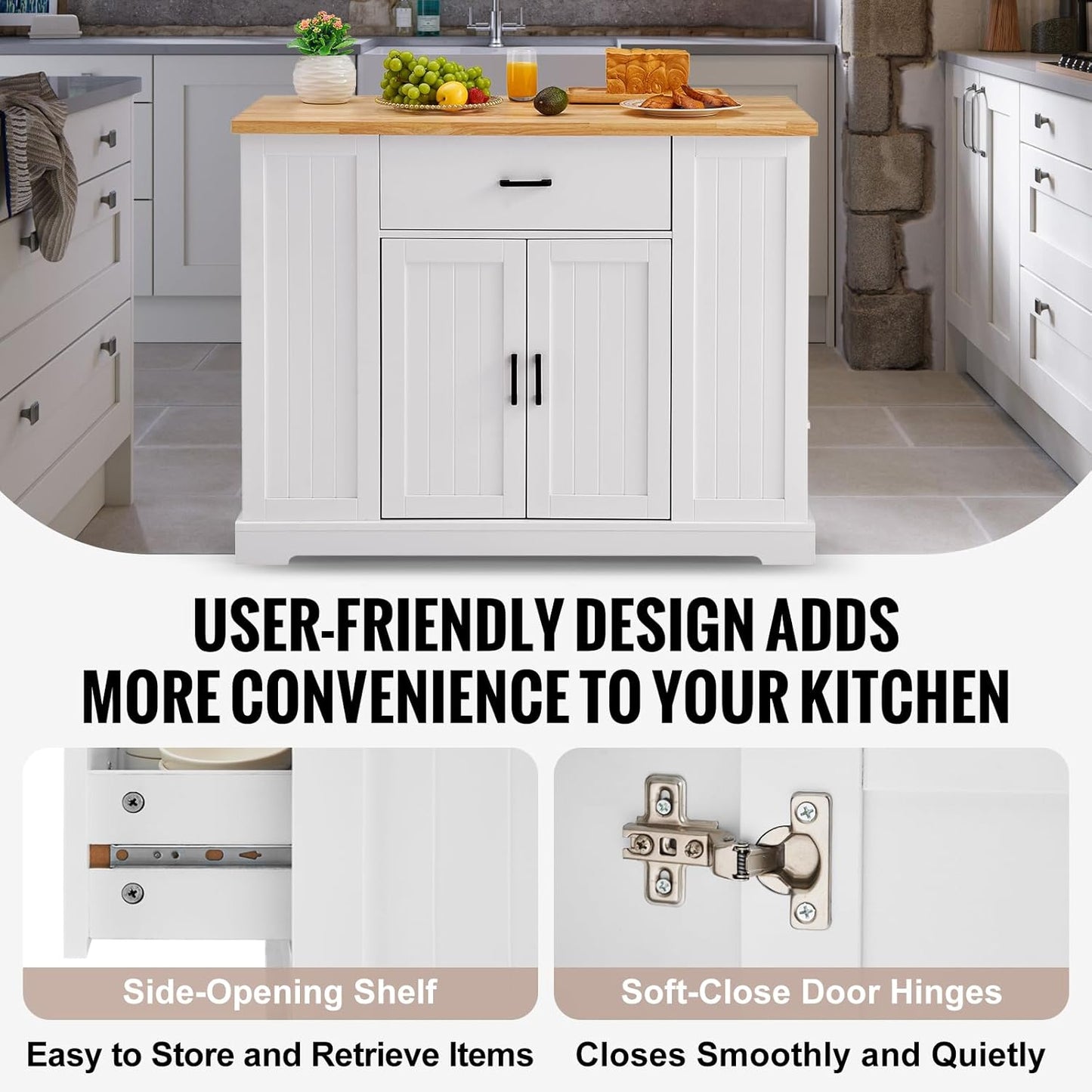 Kitchen Island Cart, 46" Wood Top Breakfast Bar with Storage Cabinet, Farmhouse Kitchen Table with Adjustable Shelf, Drawer, for Dining Kitchen Living Room, White