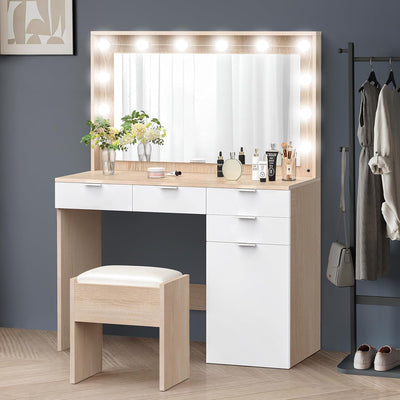 Dressing Makeup Table & Stool Set, Vanity Desk with Mirror 12 LED Light Bulbs in Adjustable 3-Colour, Jewellery Dresser Organiser with Drawers for Bedroom Dressing Room, Wood White