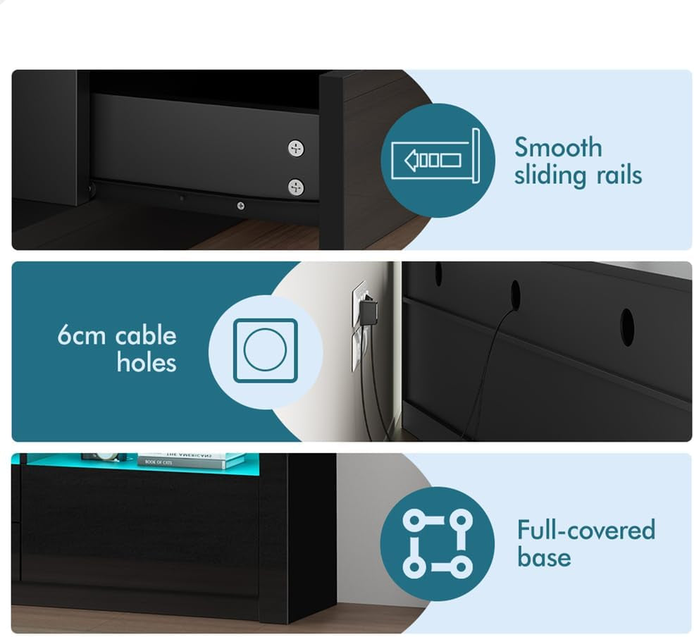 ALFORDSON LED Light TV Cabinet Stand with Storage Cabinet, Shelves and Drawers, Entertainment Unit with Shelves & 2 Drawers, RGB Minimalist Design Multimedia Centres,180X35X60Cm, Black