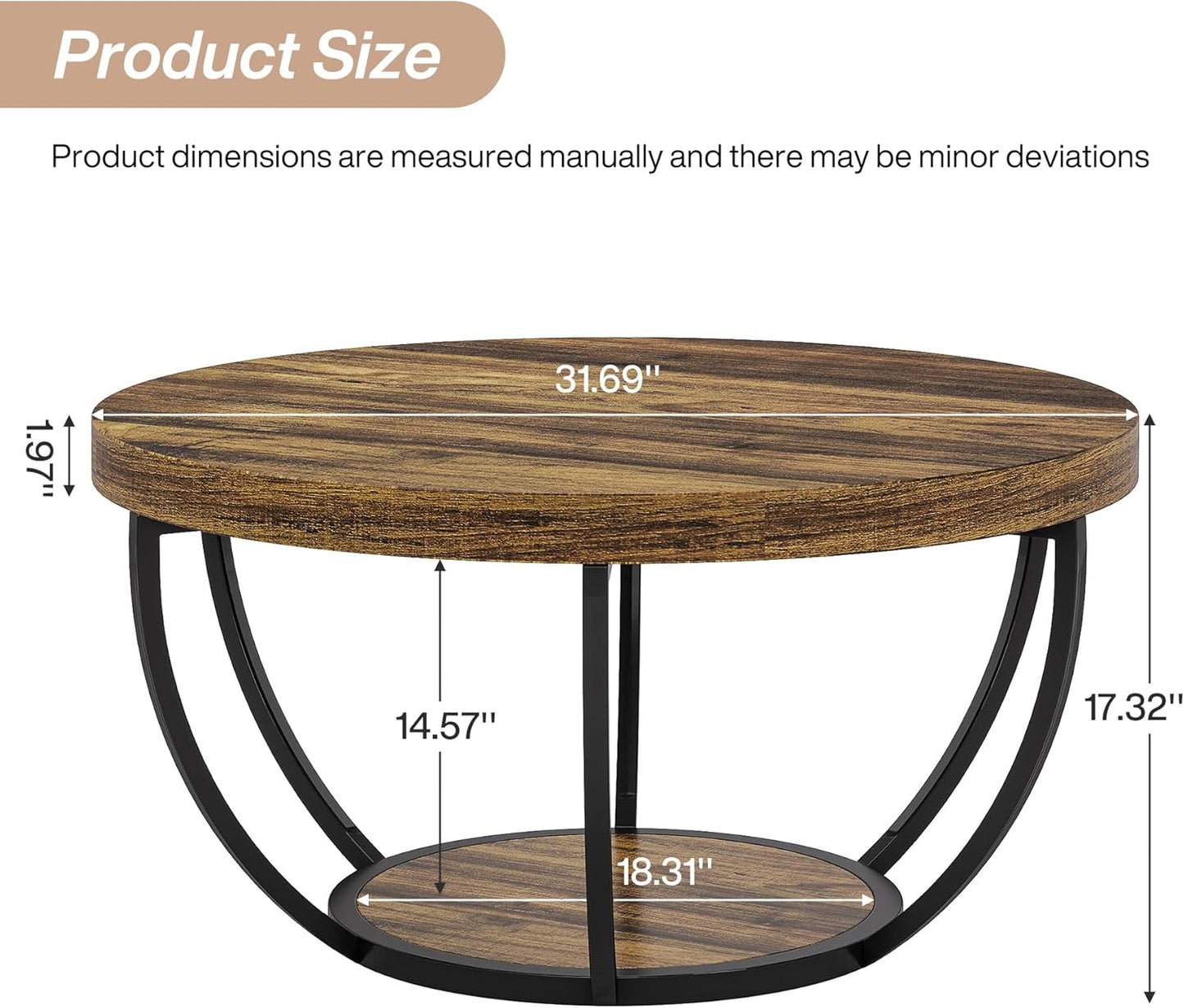 Round Coffee Table, 80Cm Wooden 2-Tier Circle Coffee Table Storage, Modern Low Coffee Table, Rustic Brown