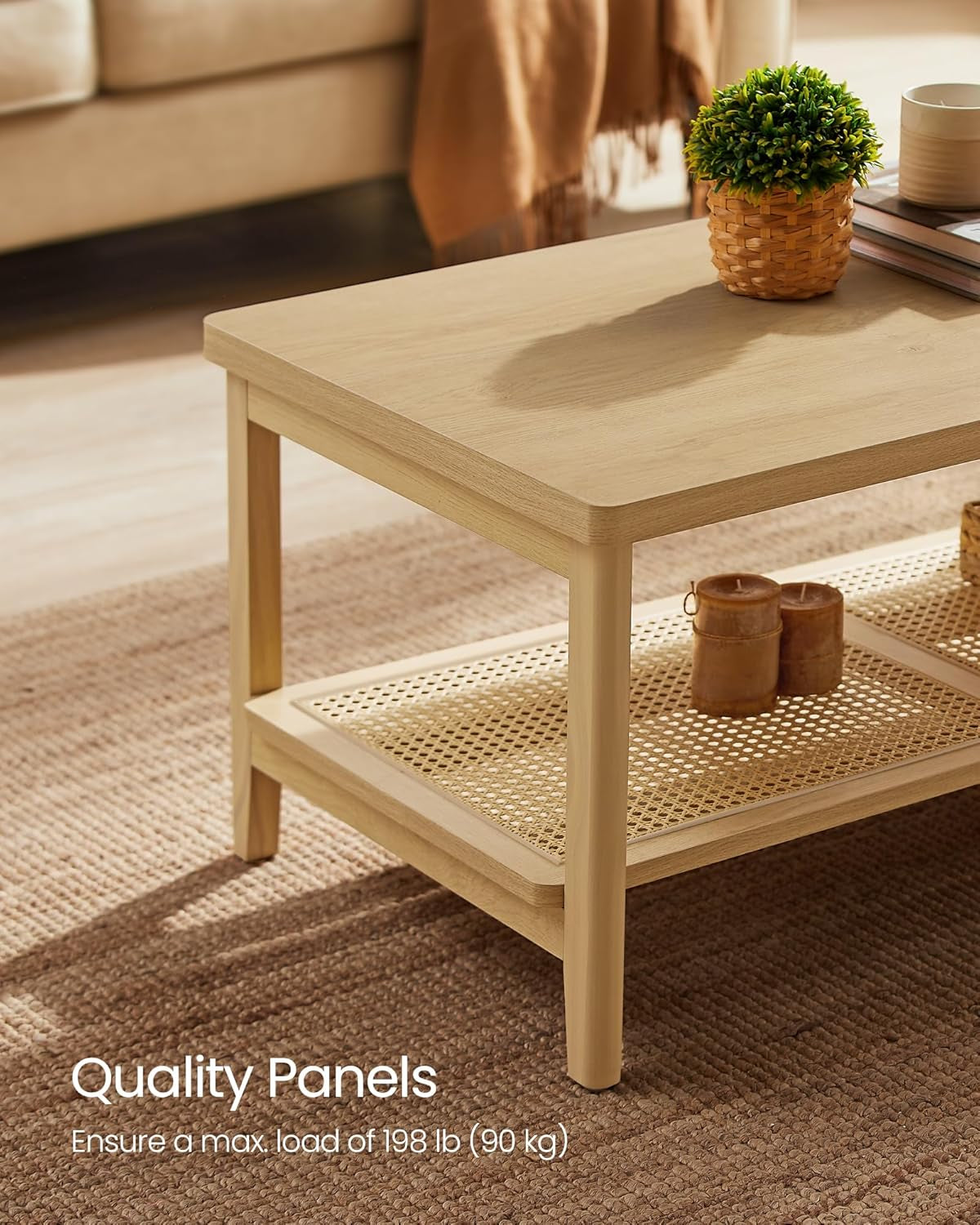 2-Tier Modern Coffee Table with PVC Rattan Storage Shelf, Rounded Corners, Easy Assembly, Boho Style, Oak Beige ULCT240Y57