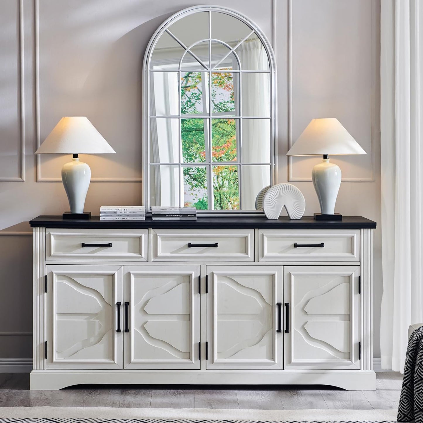 Farmhouse Buffet Sideboard Cabinet, 66" Buffet Table Coffee Bar Wine Bar Cabinet with Drawers and Doors, Kitchen Sideboard Storage Cabinet for Dining Room