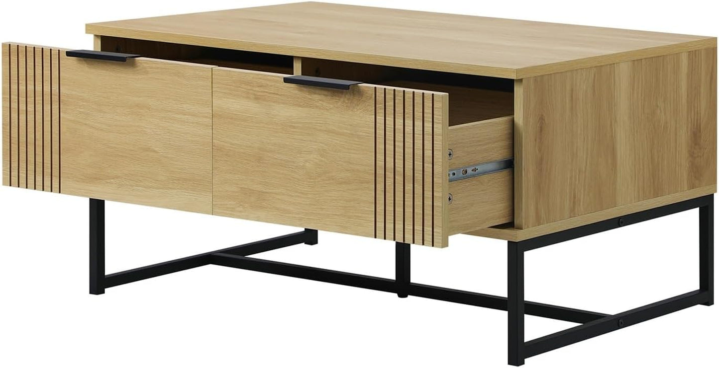 Coffee Table with Metal Base and 2 Storage Drawer Side End Table
