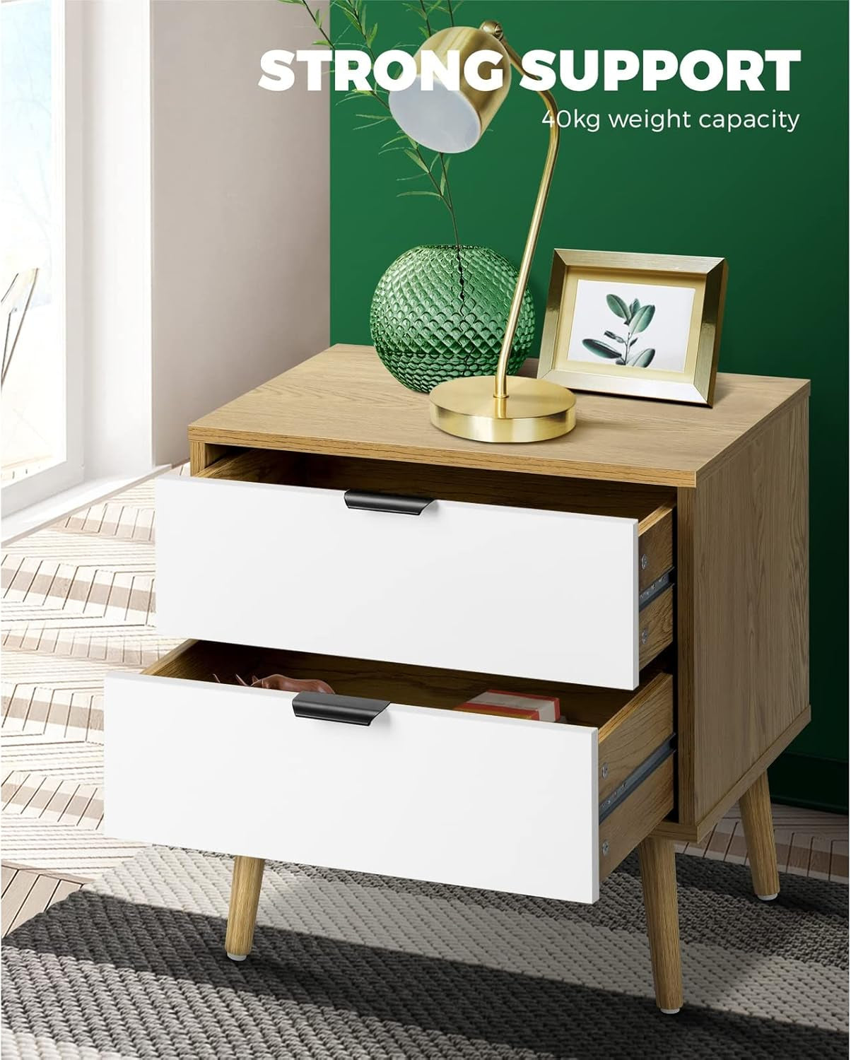 Bedside Tables 2 Drawers Side Tables Organiser Tall Nightstand Bedroom Furniture Storage Cabinet Wooden,White and Wood