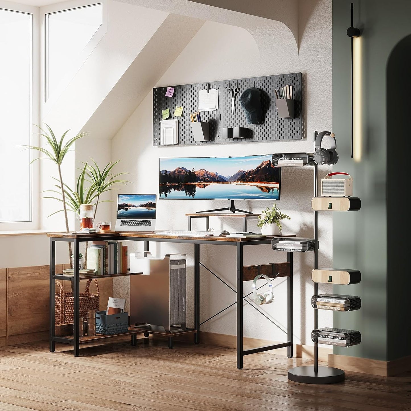 ODK L Shaped Computer Desk with Reversible Storage Shelves, L-Shaped Desk 118 * 80 * 86.4Cm Corner Desk with Monitor Stand for Small Space, Modern Writing Table for Home Office Desk, Rustic Brown