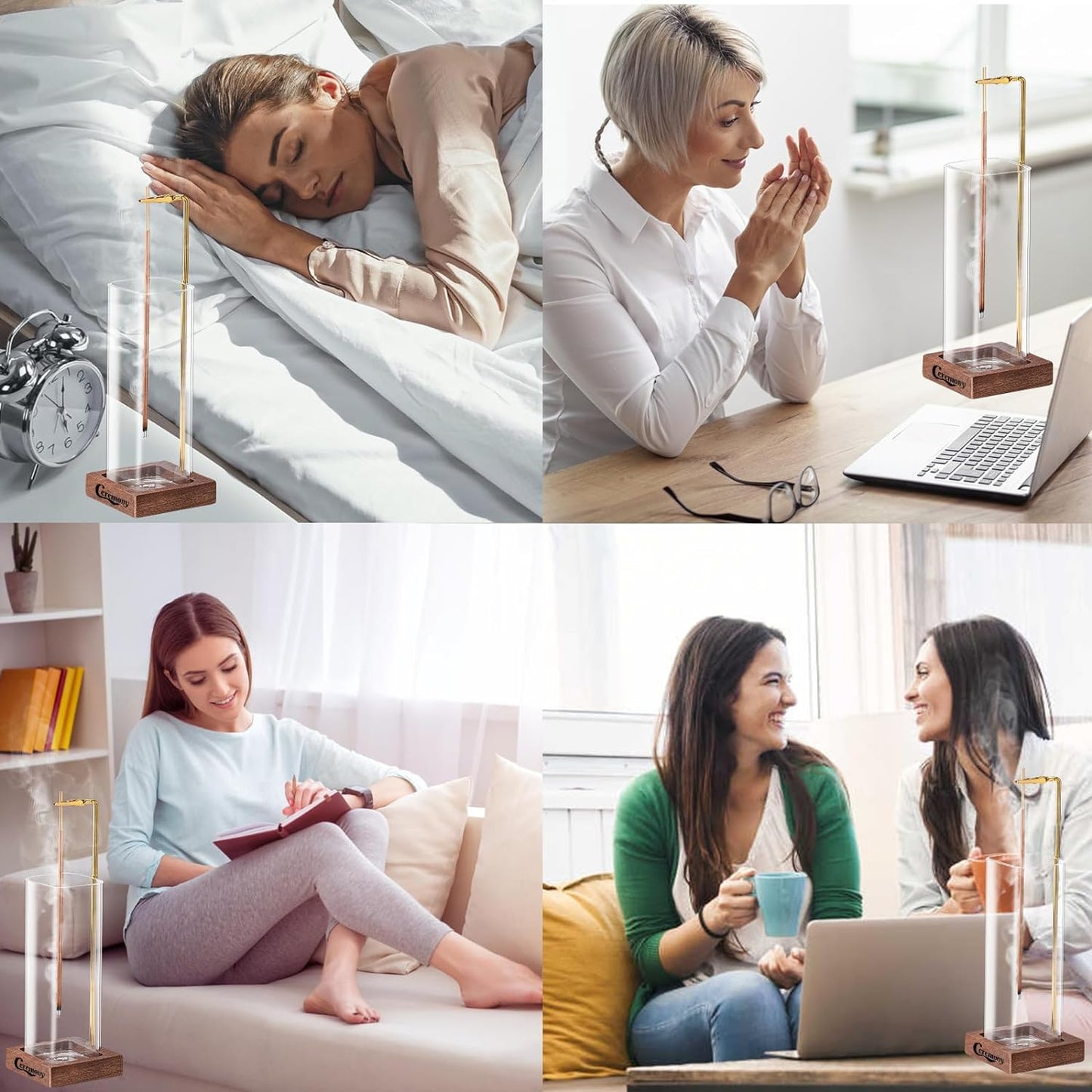 CEREMONY Incense Holder๏ผWood Incense Holder for Sticks with Glass Ash Catcher๏ผIncense Burner for Meditation Yoga Spa Room Decor
