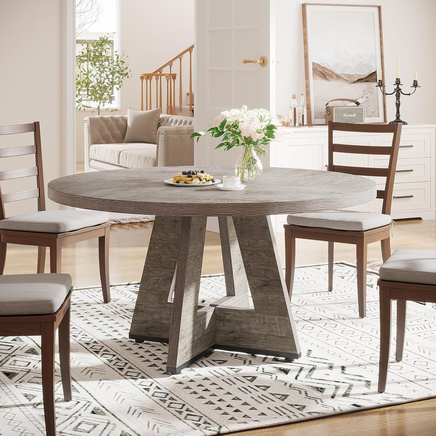 Round Dining Table Wood Kitchen Table for Dining Room Living Room, 47 Inches Dining Room Tables for 4 Person, Farmhouse Dinner Table with Wooden Table Top and Legs, Rustic Grey(Only Table)