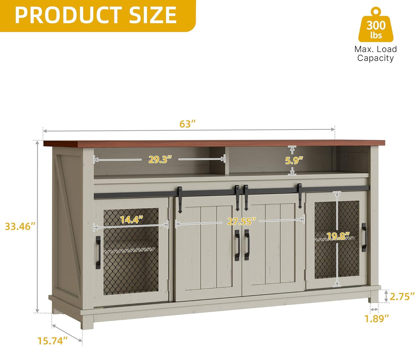 160cm Farmhouse Buffet Cabinet with Storage, Large Coffee Bar Cabinet with 2 Sliding Barn Doors & 2 Visual Grid Doors, Kitchen Sideboard Storage Cabinet for Living Room, White