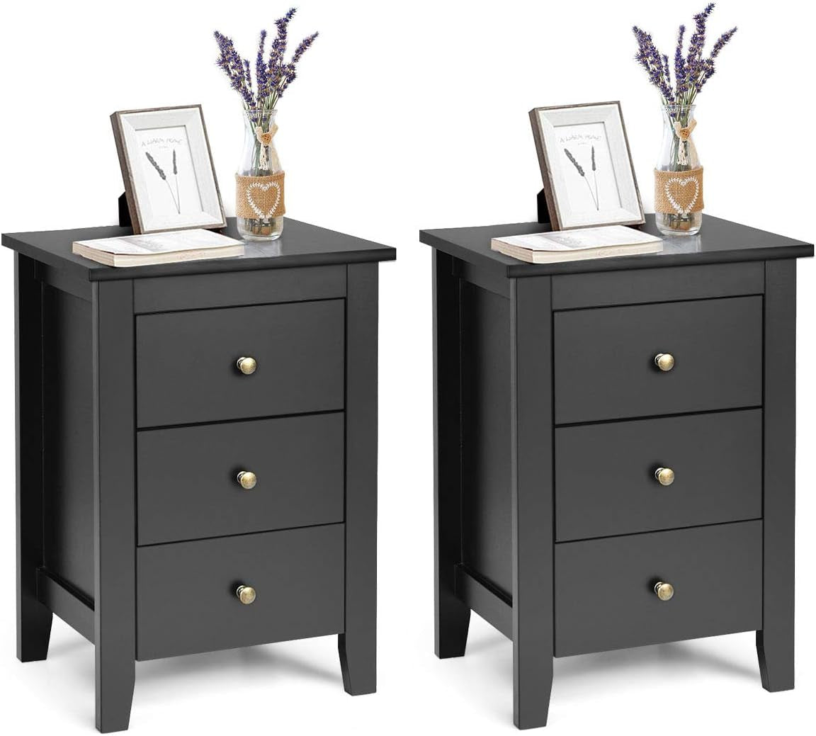 Giantex 2PCS End Side Table, Nightstand W/ 3 Drawers, Modern Bedside Cabinet, Wooden End Table W/Sturdy Structure, Accent Table W/Solid Wood Legs, Bedside Table Sofa Side Table for Bedroom Living Room