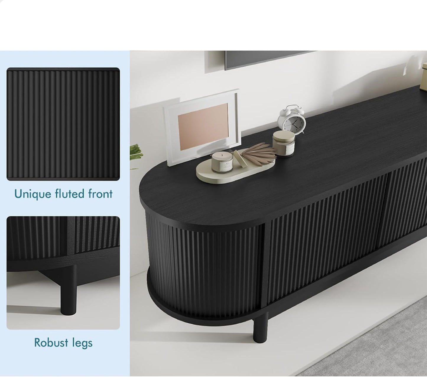 ALFORDSON TV Cabinet Stand Black, Handle-Free Modern Furniture Entertainment Unit Stand with 2 Ample Storage Side Cabinets and 2 Middle Shelves for Living Room,160 X 40 X 40Cm in Black
