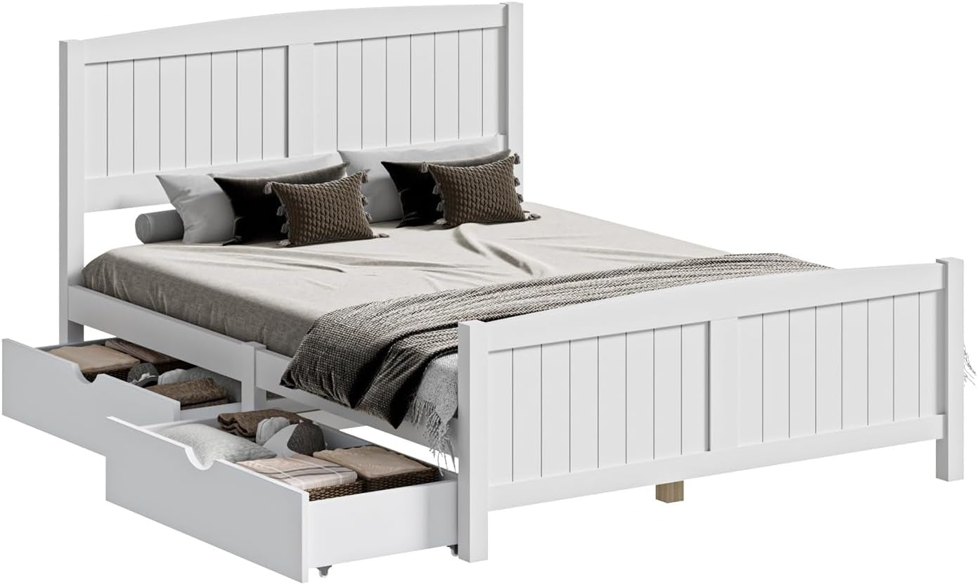 OIKITURE Queen Size Wooden Bed Frame Hampton-Style, Pinewood Bed Frame Platform with Bed Head and High Bed Leg - Compatible with Australian-Sized Mattresses, 211X161X94Cm 