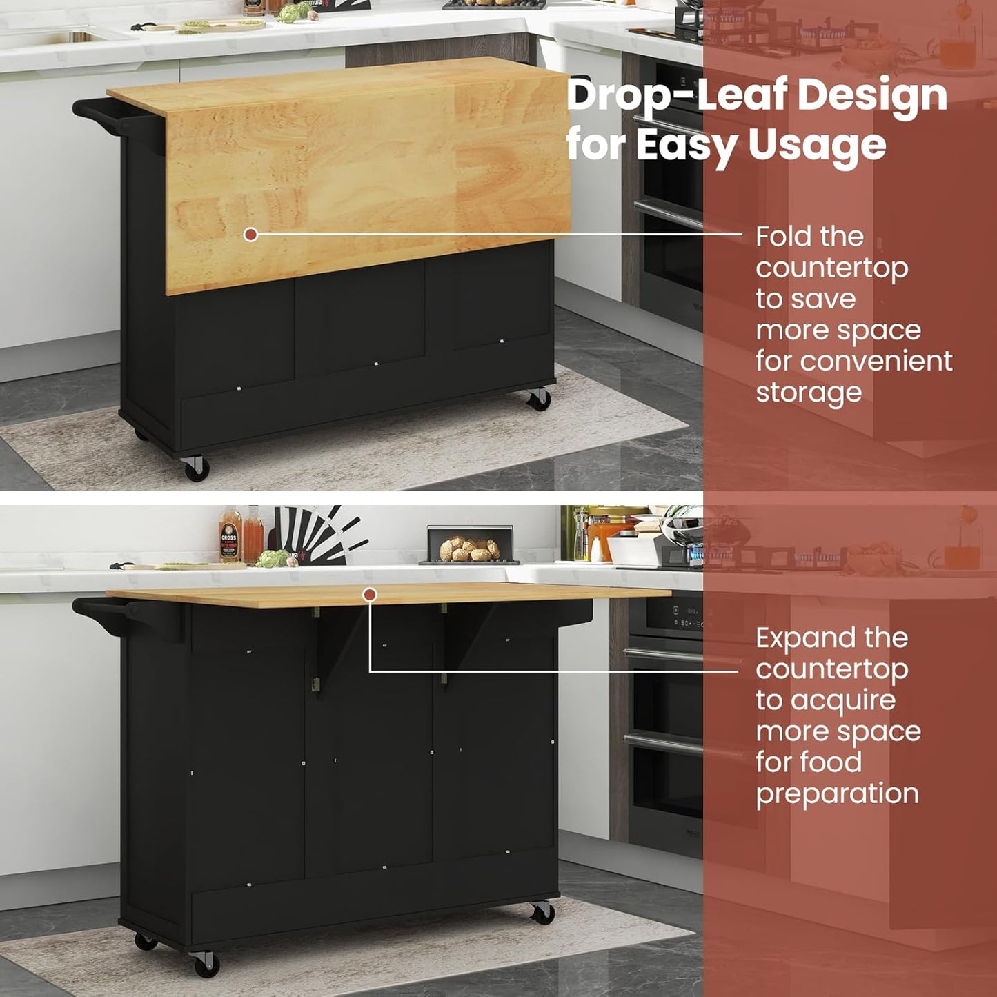 Rolling Kitchen Island Cart, Large Kitchen Island W/Drop-Leaf Countertop & 4 Rotatable Casters, Kitchen Trolley Cart with Deep Drawer, Open Wine Bottle Rack & Towel Bar (Black)