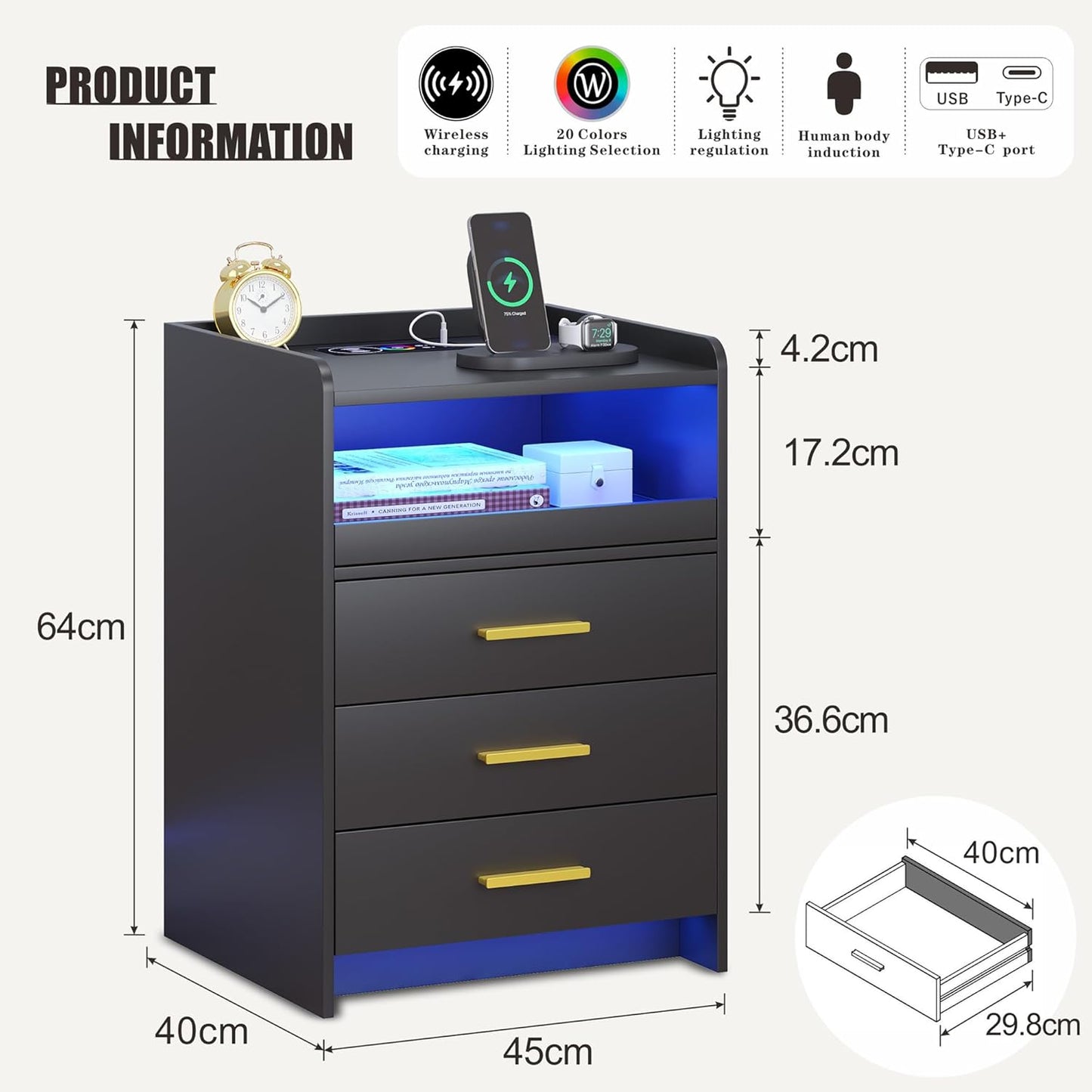 Nightstand with Wireless Charging Station Bedside Table with RGB Light & Human Sensor Design 3 Drawers LED Modern Night Stand End Table for Bedroom, Black