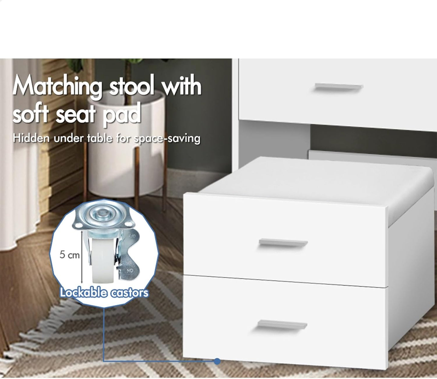 Vanity Desk, Dressing Table with Foldable Mirror and Multi Drawers, Small Makeup Desk with Hidden Stool, Corner Bedside Dressing Desk Chair Set for Bedroom Dressing Room, White