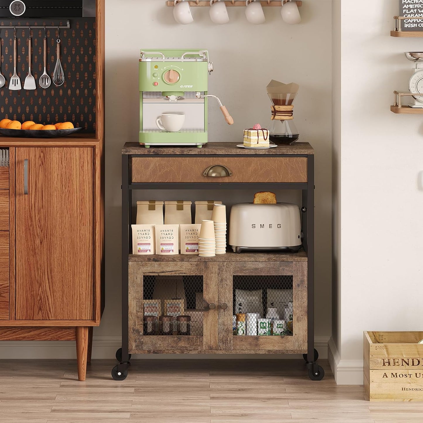 Coffee Bar Cabinet,3 Tiers Kitchen Coffee Cart with Drawer for the Home, Movable Farmhouse Coffee Station Table on Wheels for Living Room, Entryway, Dining Room, Kitchen