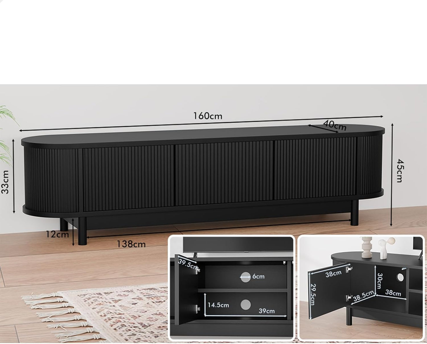 ALFORDSON TV Cabinet Stand Black, Handle-Free Modern Furniture Entertainment Unit Stand with 2 Ample Storage Side Cabinets and 2 Middle Shelves for Living Room,160 X 40 X 40Cm in Black