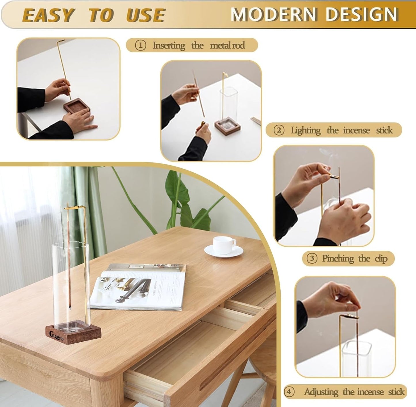 CEREMONY Incense Holder๏ผWood Incense Holder for Sticks with Glass Ash Catcher๏ผIncense Burner for Meditation Yoga Spa Room Decor
