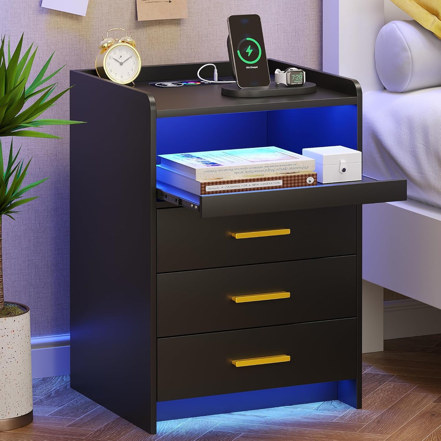 Nightstand with Wireless Charging Station Bedside Table with RGB Light & Human Sensor Design 3 Drawers LED Modern Night Stand End Table for Bedroom, Black