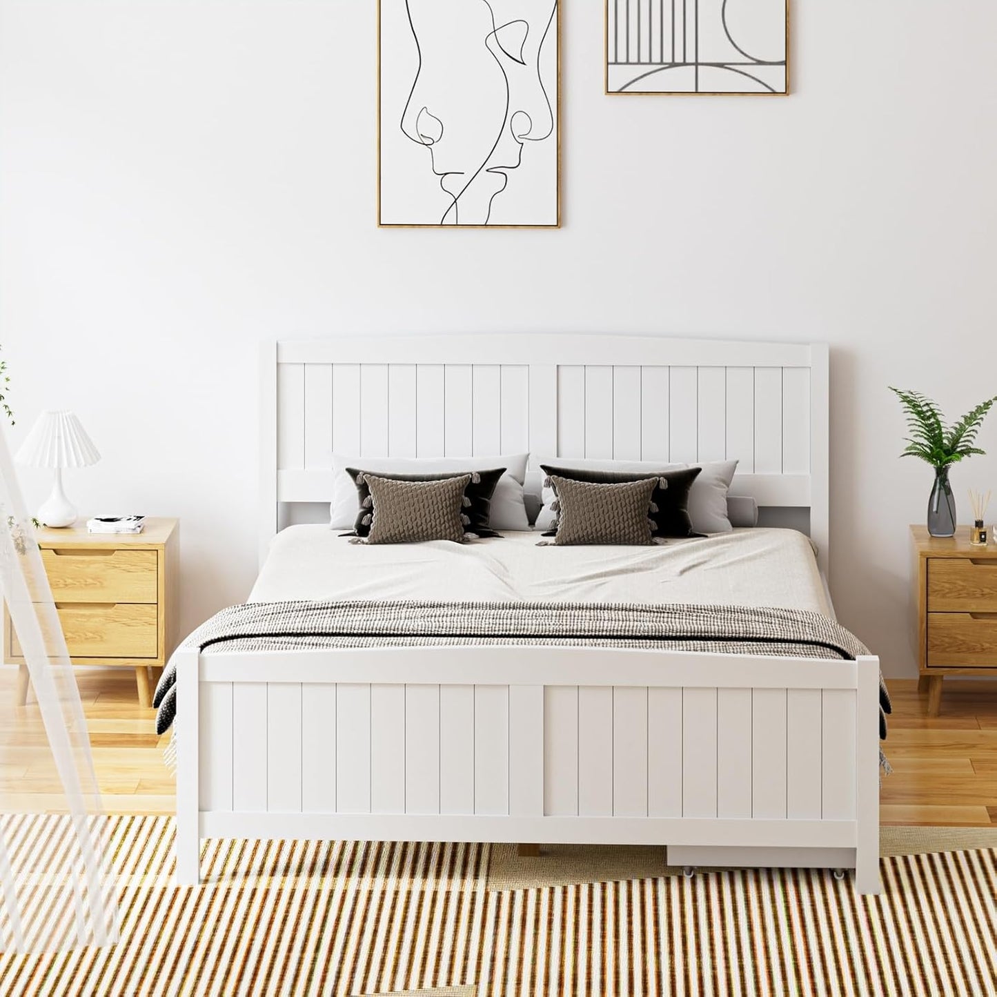 OIKITURE Queen Size Wooden Bed Frame Hampton-Style, Pinewood Bed Frame Platform with Bed Head and High Bed Leg - Compatible with Australian-Sized Mattresses, 211X161X94Cm 