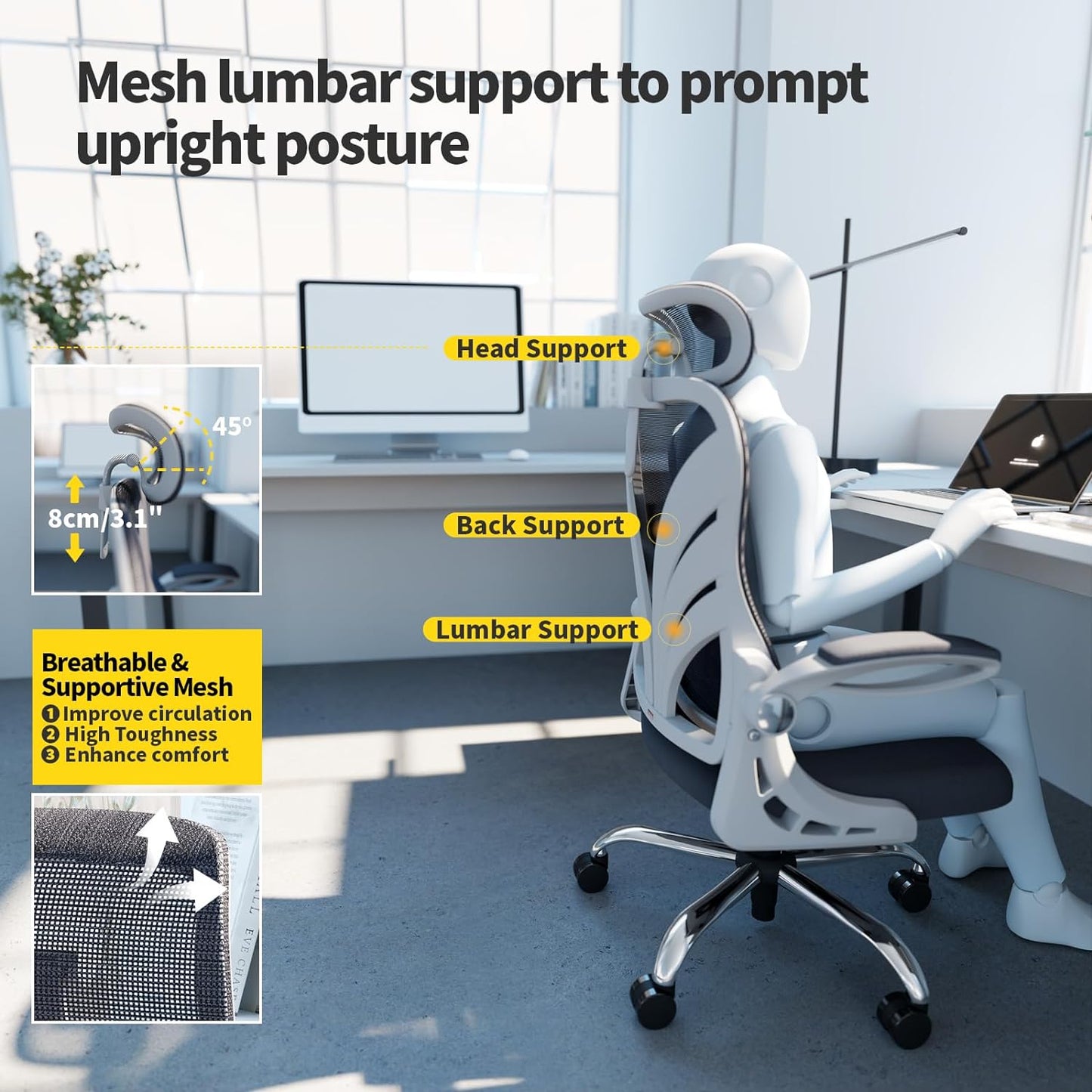 HOLLUDLE Ergonomic Office Chair with Foldable Backrest, Computer Desk Chair with Flip-Up Armrests, Mesh Lumbar Support and 2D Headrest Big and Tall Office Chair, White