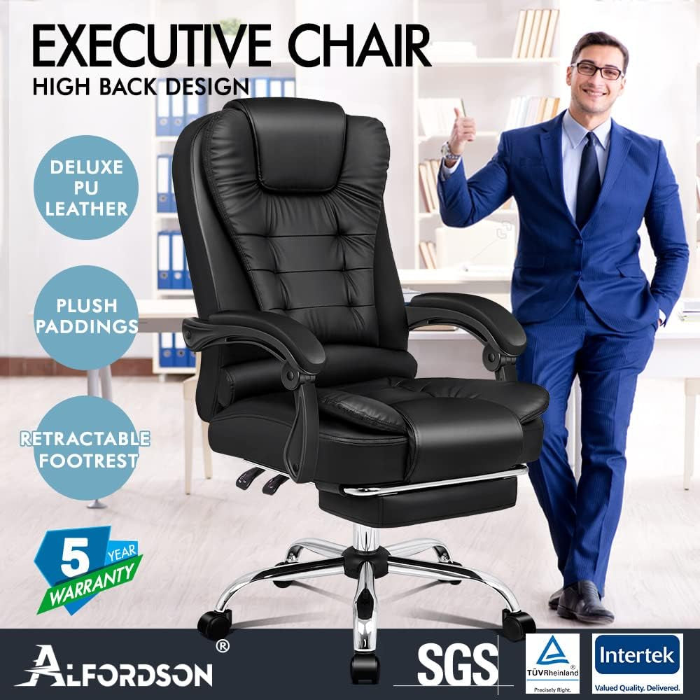 ALFORDSON Ergonomic Office Computer Chair with Footrest, High Back Executive Desk Chair Recliner for Home Office, PU Leather Video Gaming Chair, Earl Black