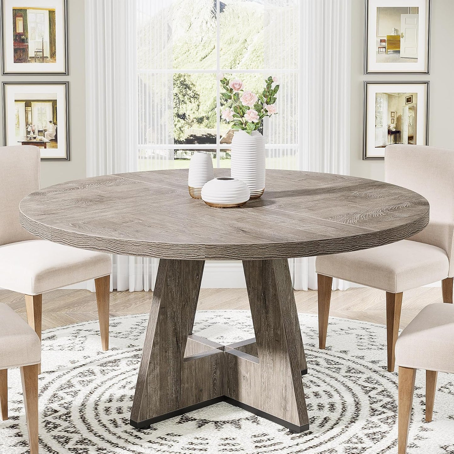 Round Dining Table Wood Kitchen Table for Dining Room Living Room, 47 Inches Dining Room Tables for 4 Person, Farmhouse Dinner Table with Wooden Table Top and Legs, Rustic Grey(Only Table)