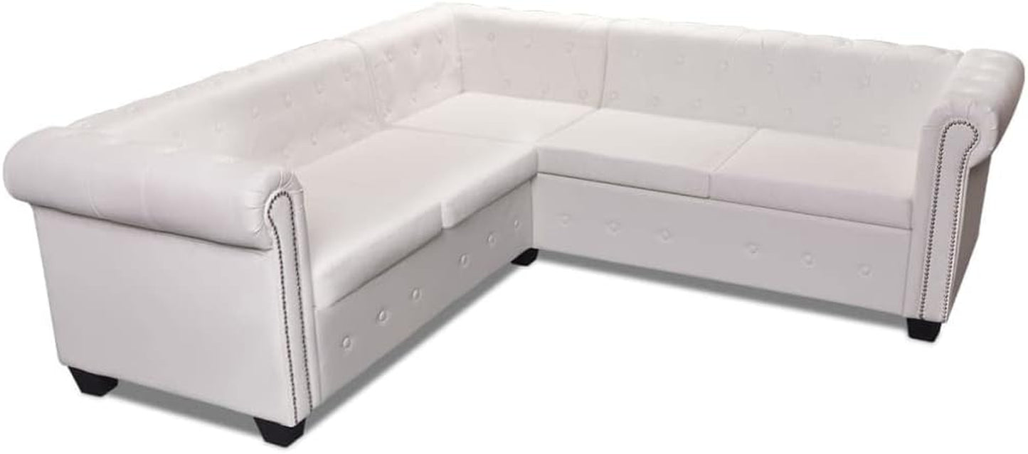 Chesterfield Corner Sofa 5-Seater Artificial Leather, White - Elegant Tufted Design, Sturdy Wooden Frame, 205 X 205 X 73 Cm, Perfect Sofas for Living Room & Office, Comfortable & Easy to Assemble