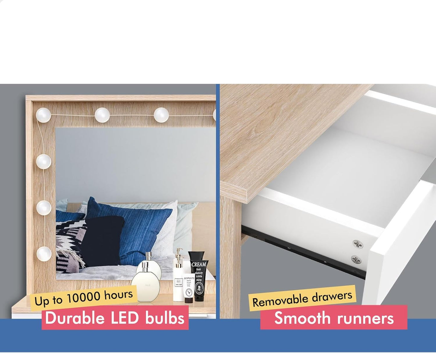Dressing Makeup Table & Stool Set, Vanity Desk with Mirror 12 LED Light Bulbs in Adjustable 3-Colour, Jewellery Dresser Organiser with Drawers for Bedroom Dressing Room, Wood White