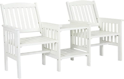 Wooden Outdoor Loveseats and Table Set - Fir Wood Twin Seats and Integrated Table Patio Conversation Set with 2-Seater Armchairs and Coffee Table Durable Garden Bench Furniture - White